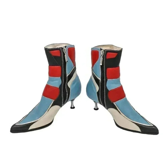 25x Shoes - RARE Y2K Red Blue Club Kid Moto Pointed Boots 37 Leather Ankle Kitten Heel Boots
